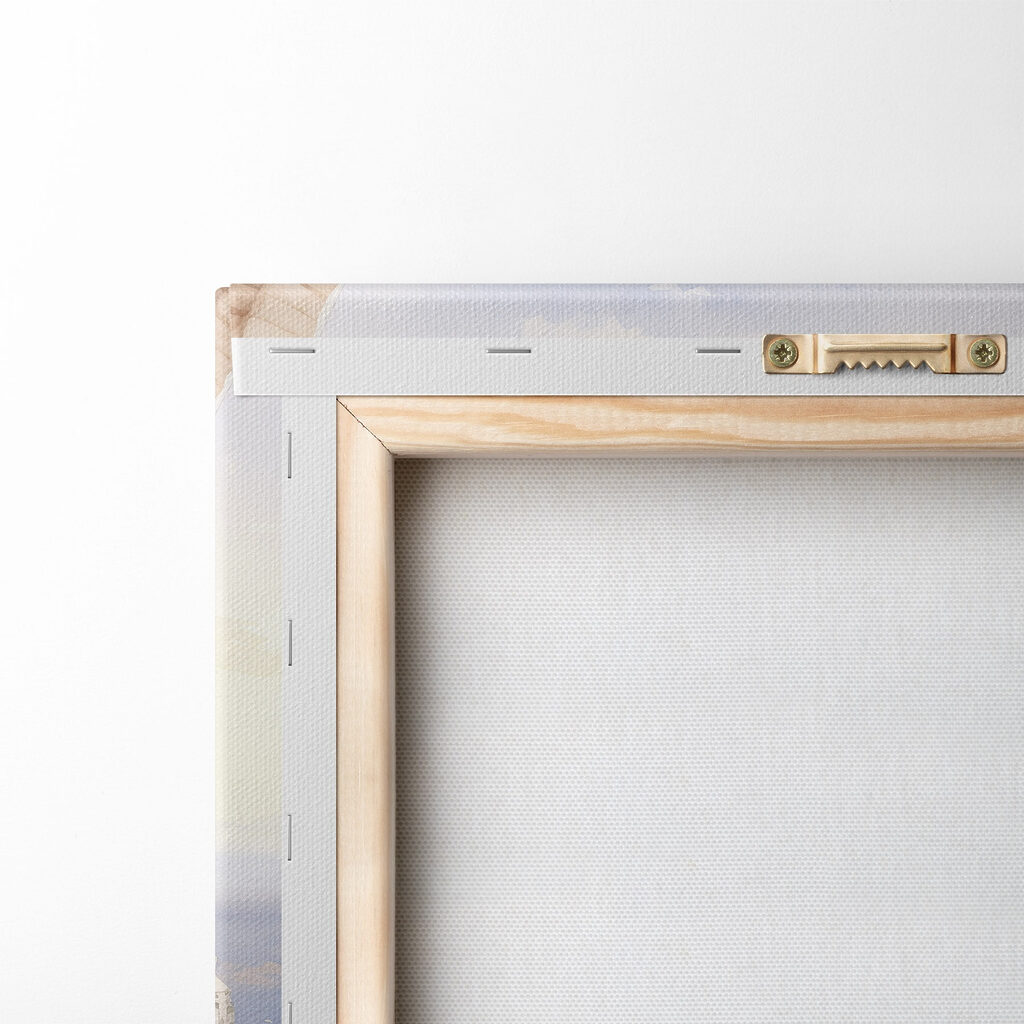 Watercolor painting of a table and chairs on a balcony overlooking a city