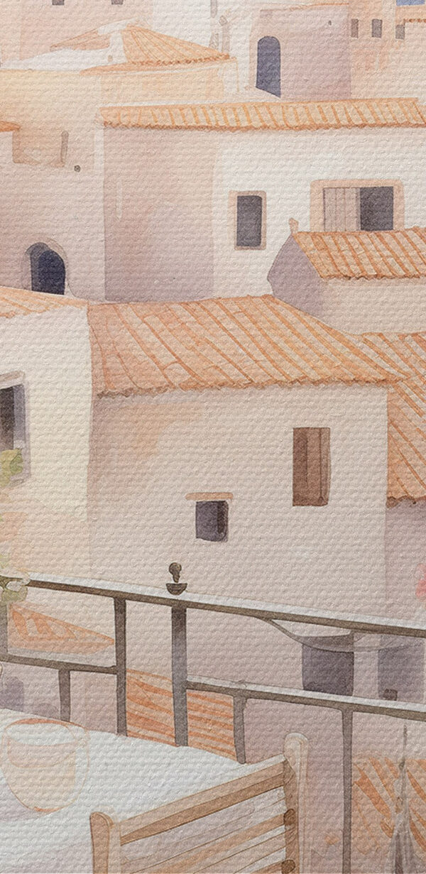 Aquarelle représentant une table et des chaises sur un balcon avec vue sur la ville Aquarelle représentant une table et des chaises sur un balcon avec vue sur la ville