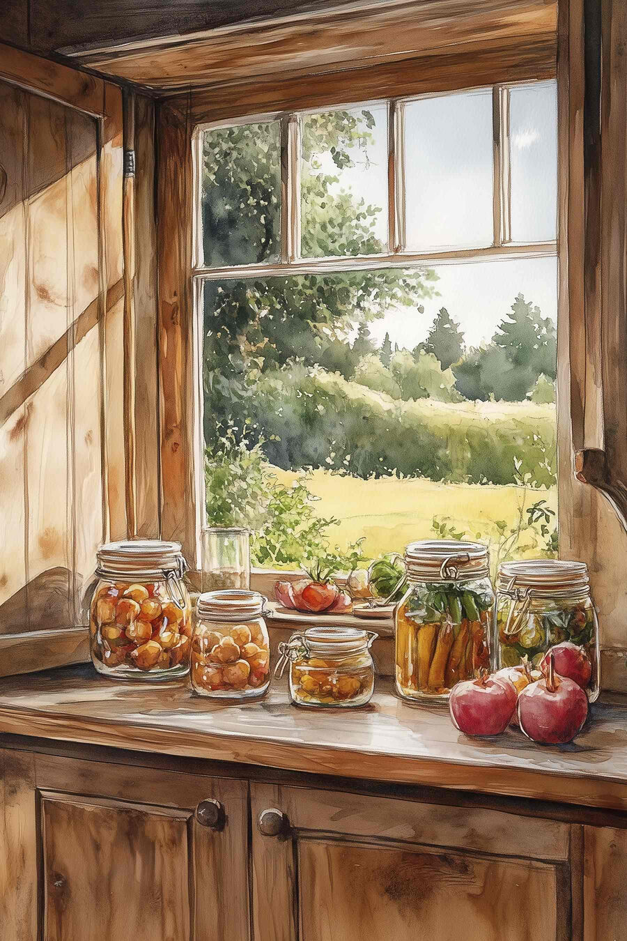 Tableaux Aquarelle de bocaux de nourriture sur un rebord de fenêtre – Image 7