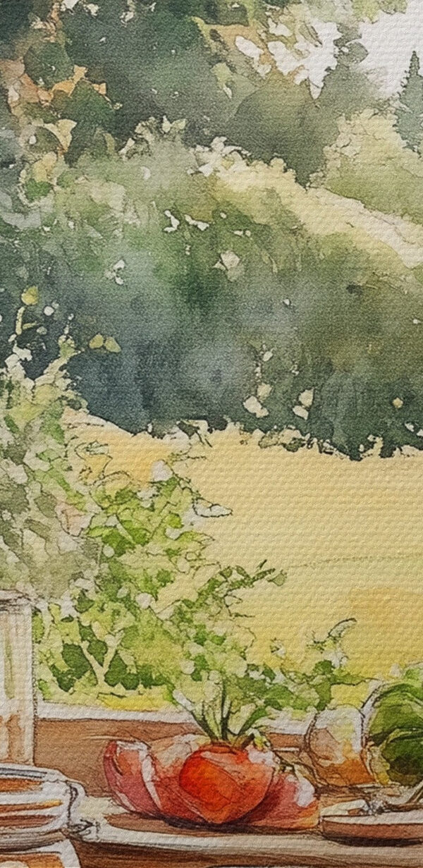 Aquarelle de bocaux de nourriture sur un rebord de fenêtre Aquarelle de bocaux de nourriture sur un rebord de fenêtre