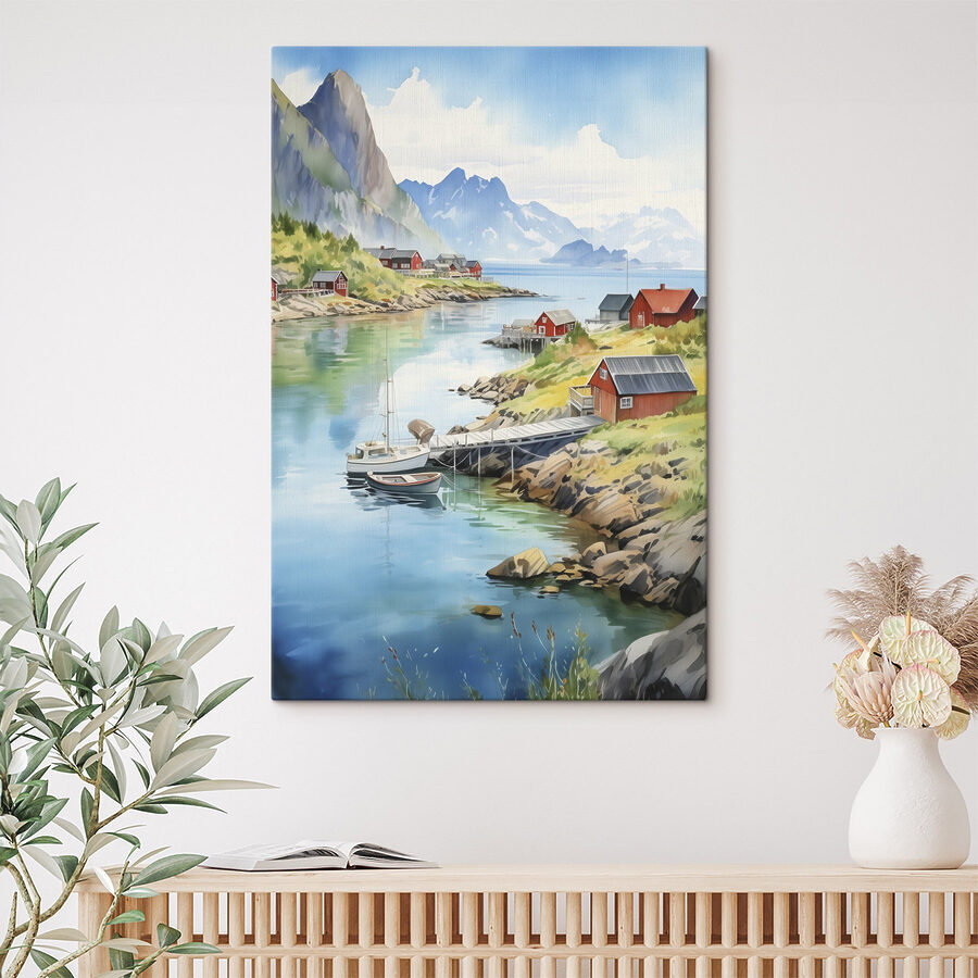 Aquarelle d'une rivière avec un bateau et des maisons sur celle-ci
