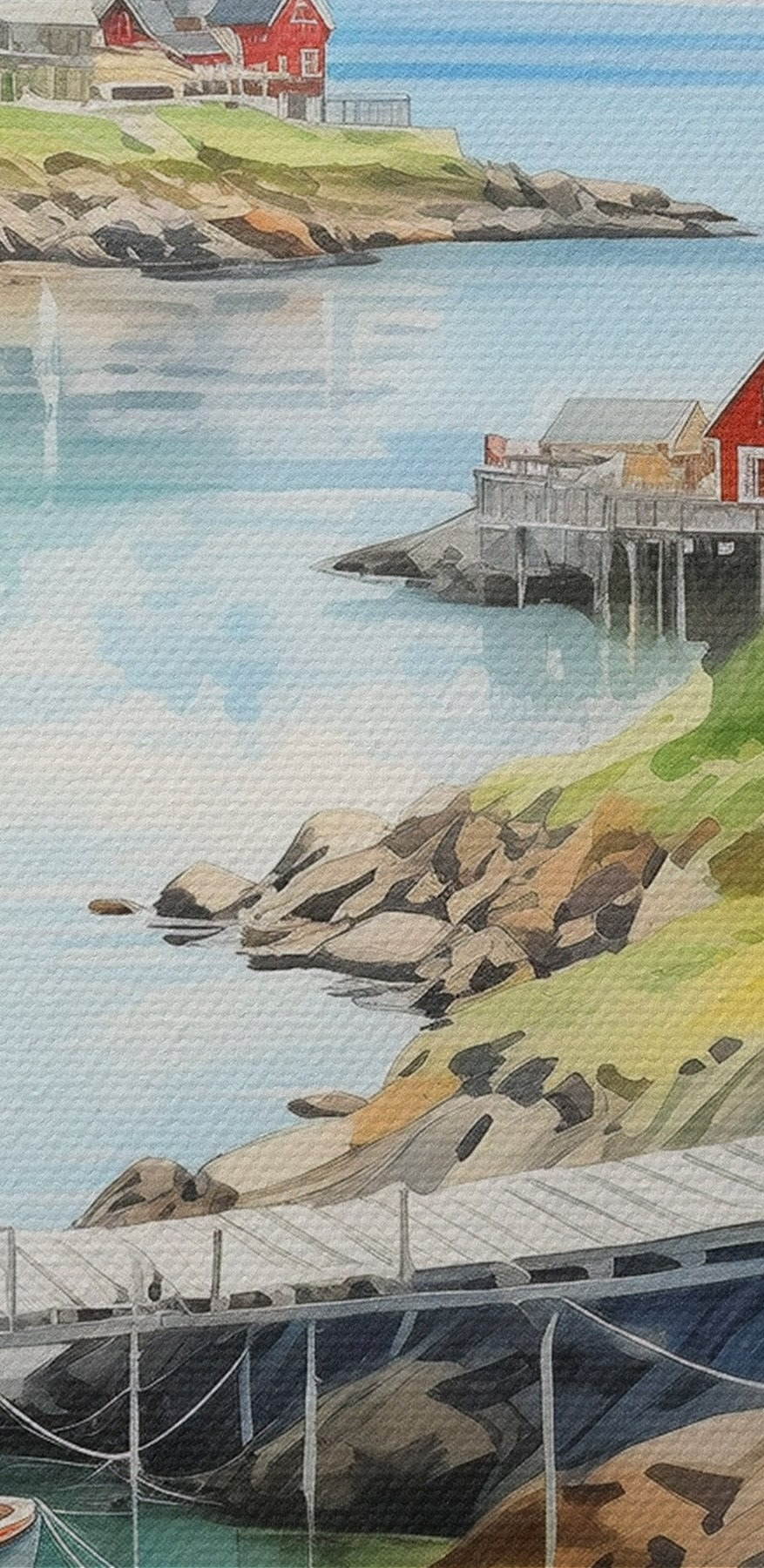 Aquarelle d'une rivière avec un bateau et des maisons sur celle-ci