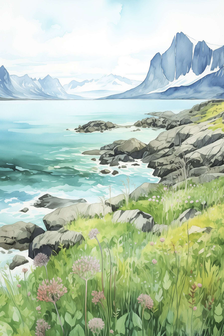 Aquarelle d'un rivage rocheux avec des montagnes et un ciel bleu