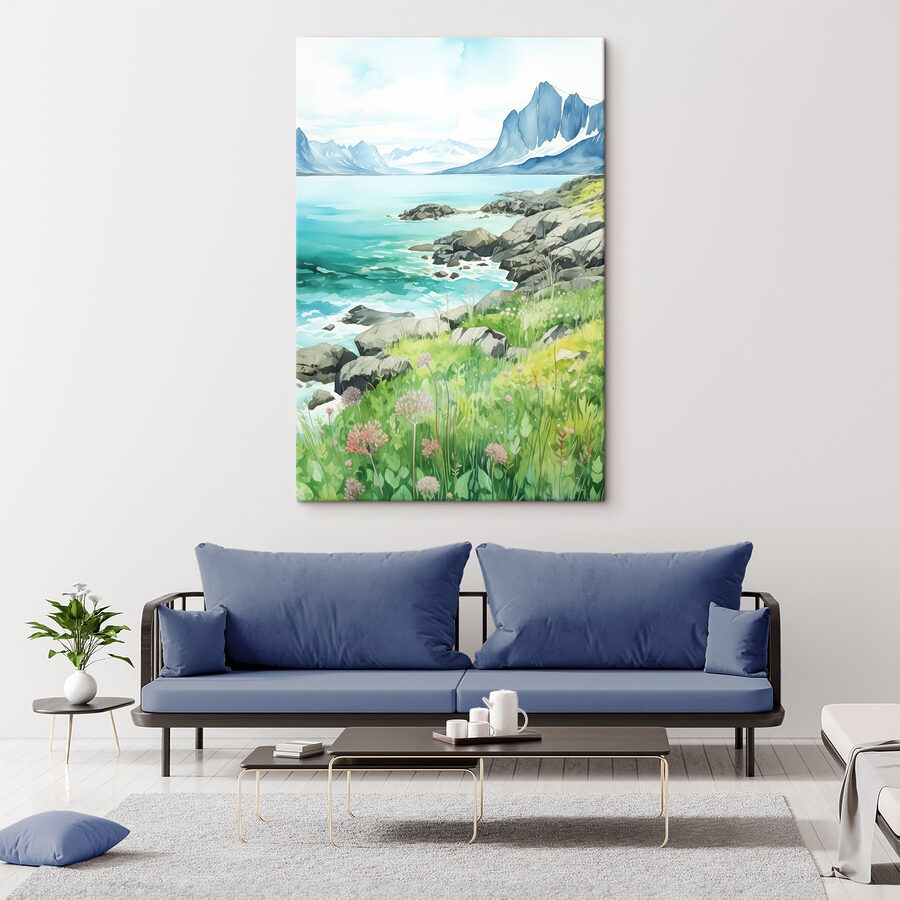 Aquarelle d'un rivage rocheux avec des montagnes et un ciel bleu