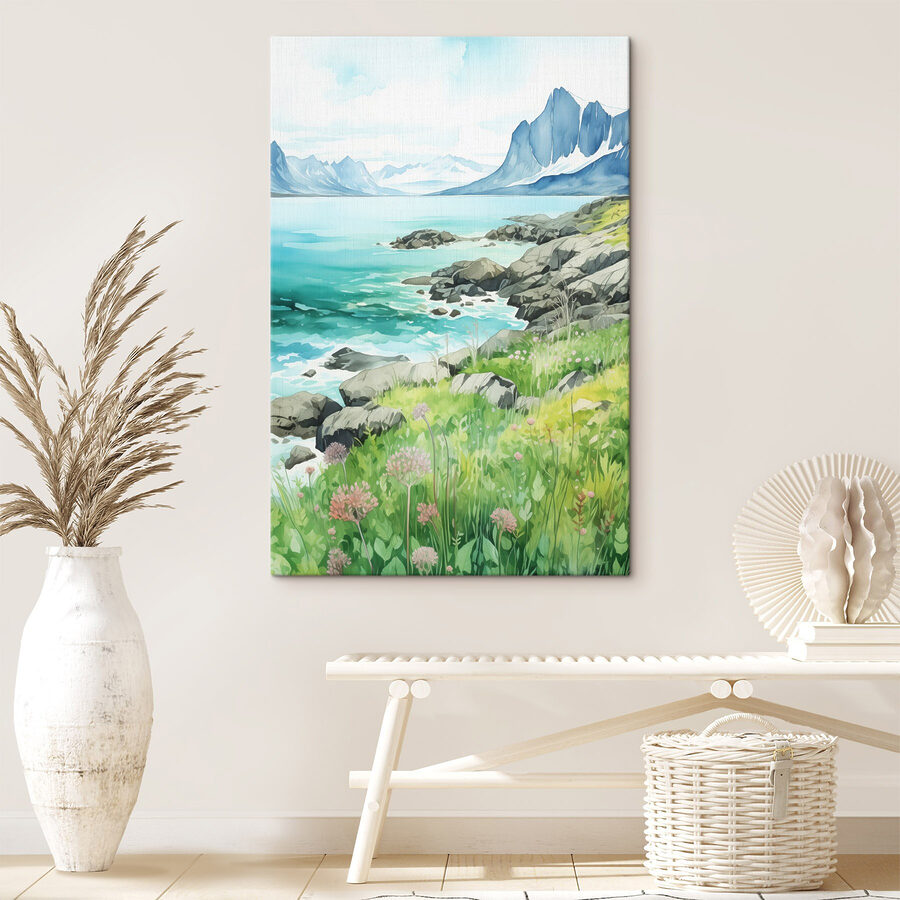 Aquarelle d'un rivage rocheux avec des montagnes et un ciel bleu
