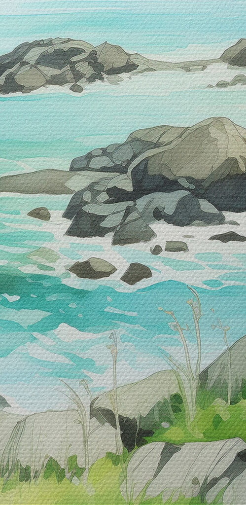Watercolor painting of a rocky shore with mountains and a blue sky