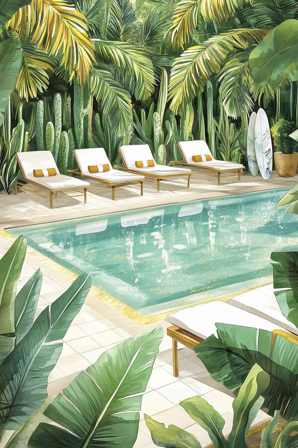 Piscine avec chaises longues et planches de surf Piscine avec chaises longues et planches de surf