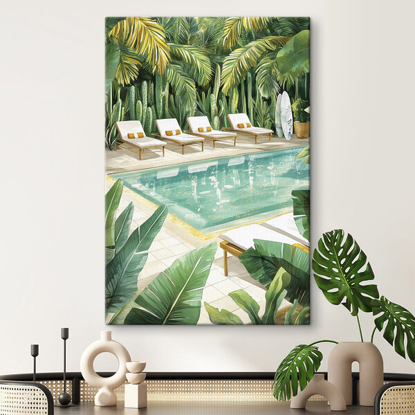 Piscine avec chaises longues et planches de surf Piscine avec chaises longues et planches de surf