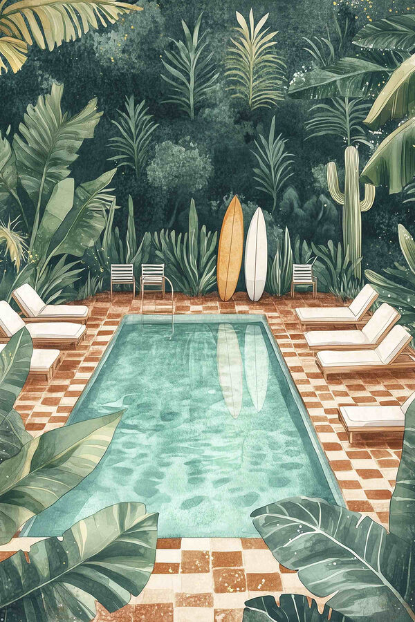 Piscine avec chaises et planches de surf au milieu Piscine avec chaises et planches de surf au milieu