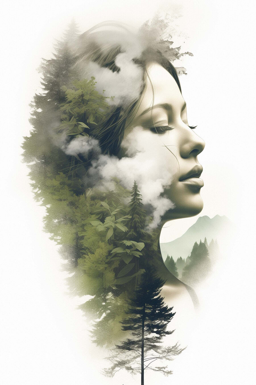 Visage de femme avec nuages et arbres