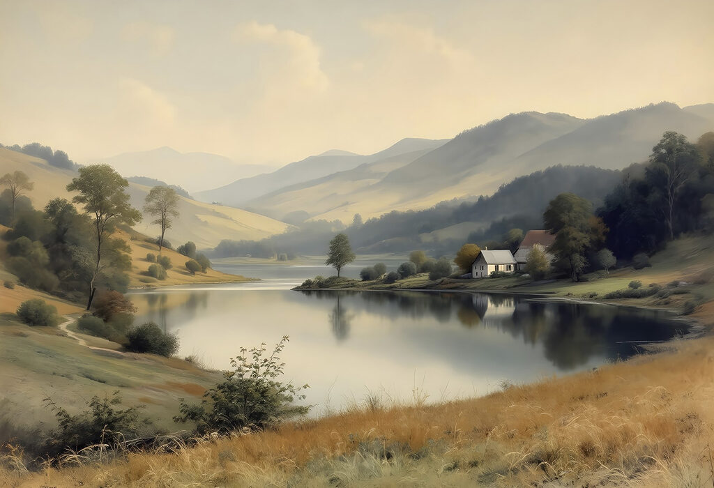 Lac avec maison et arbres Lac avec maison et arbres
