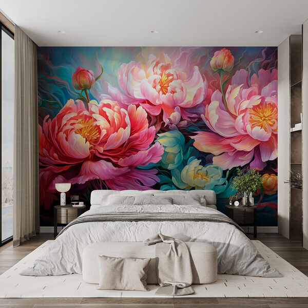 Papier peint Papier peint Peinture de fleurs sur fond bleu (UGS : w08879)