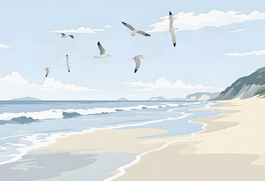 Plage avec des oiseaux qui la survolent