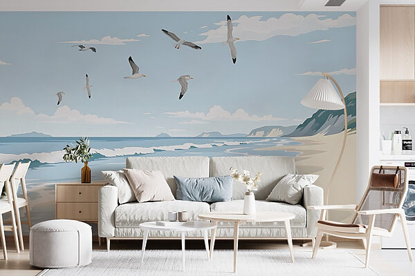 Papier peint Papier peint Plage avec des oiseaux qui la survolent (UGS : w03338)