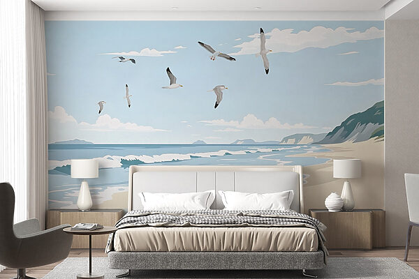 Plage avec des oiseaux qui la survolent Plage avec des oiseaux qui la survolent