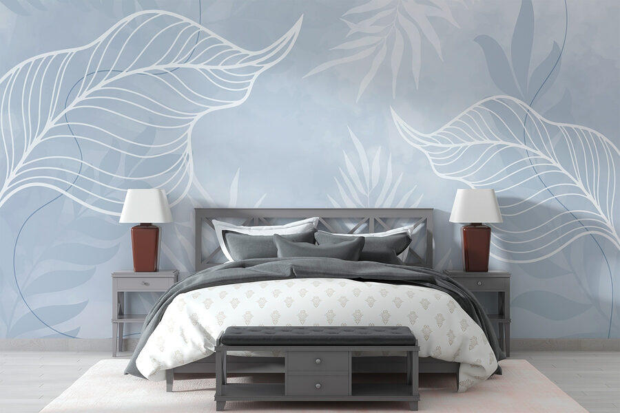 Feuilles blanches sur fond bleu