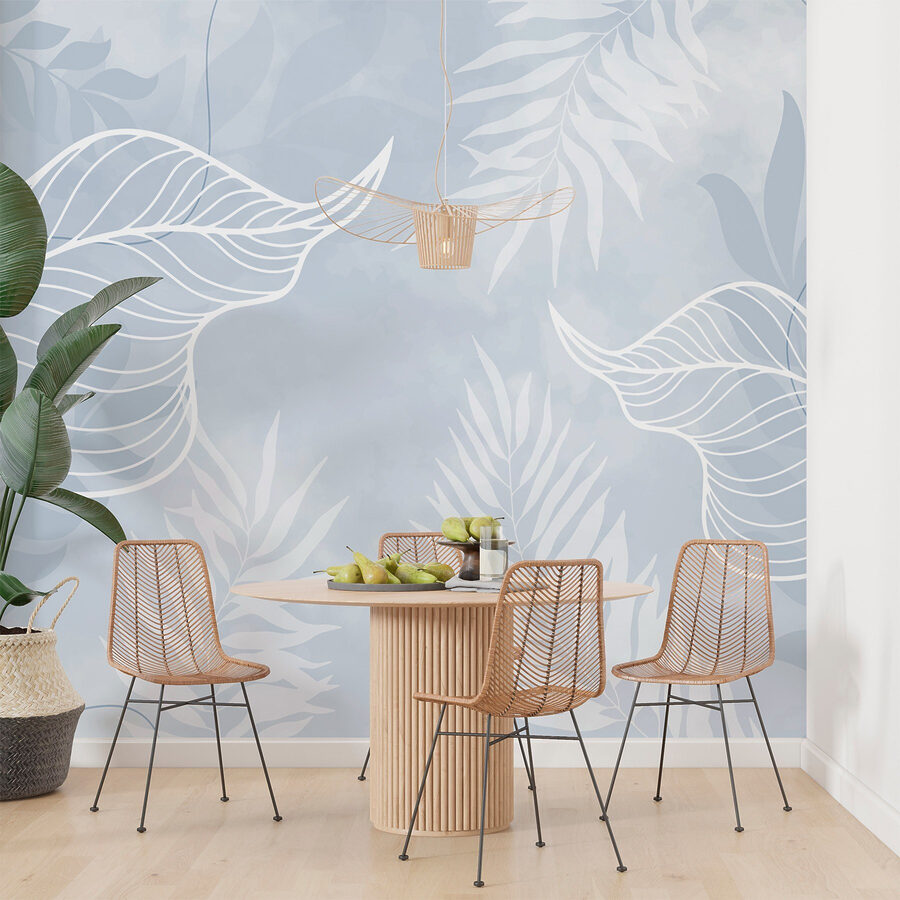 Feuilles blanches sur fond bleu