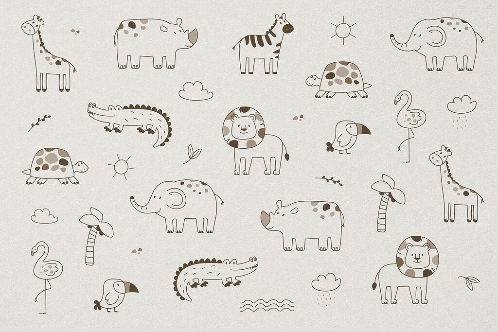 Groupe d'animaux dessinés sur une surface blanche Groupe d'animaux dessinés sur une surface blanche