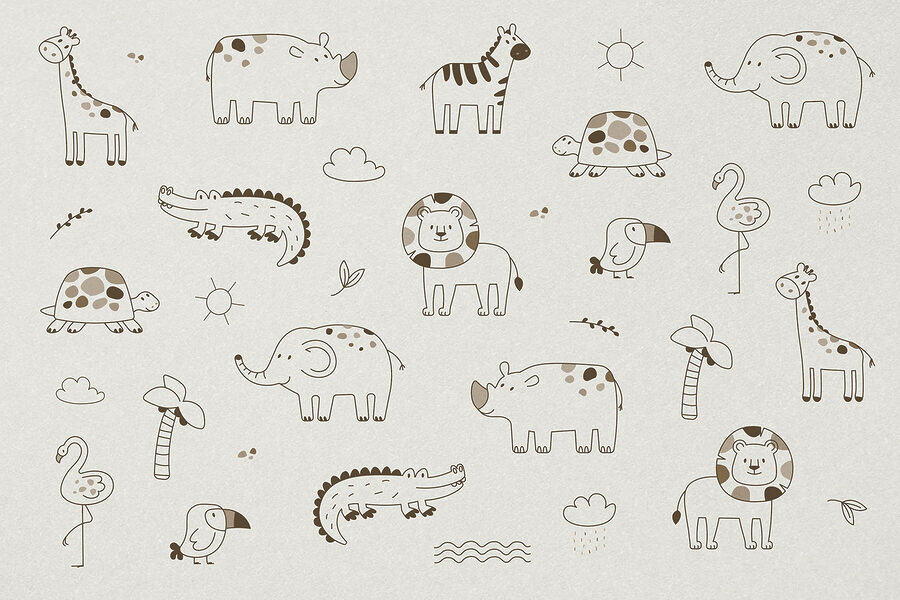 Groupe d'animaux dessinés sur une surface blanche