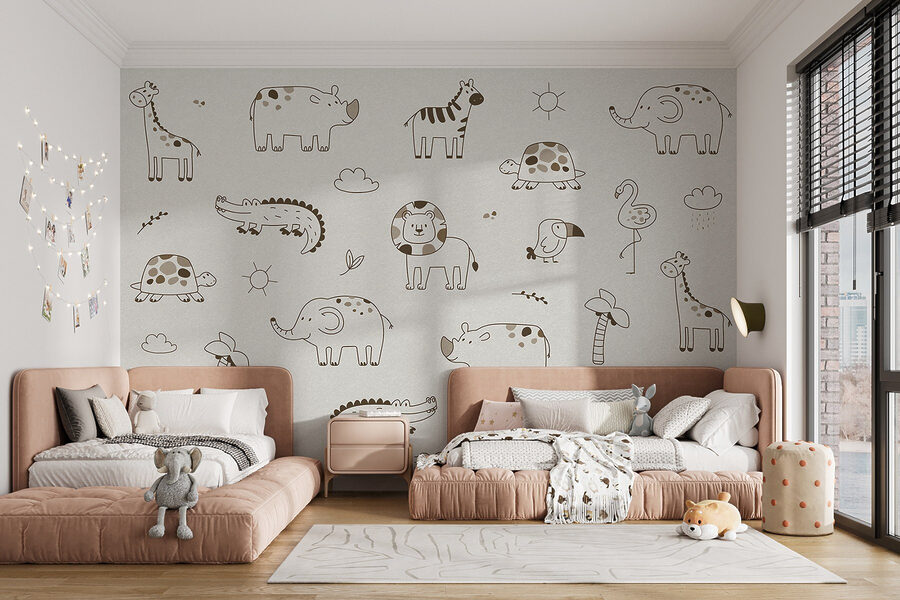 Groupe d'animaux dessinés sur une surface blanche