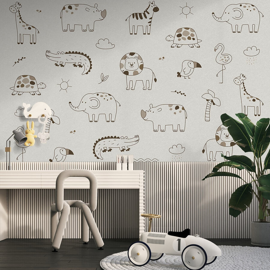 Groupe d'animaux dessinés sur une surface blanche
