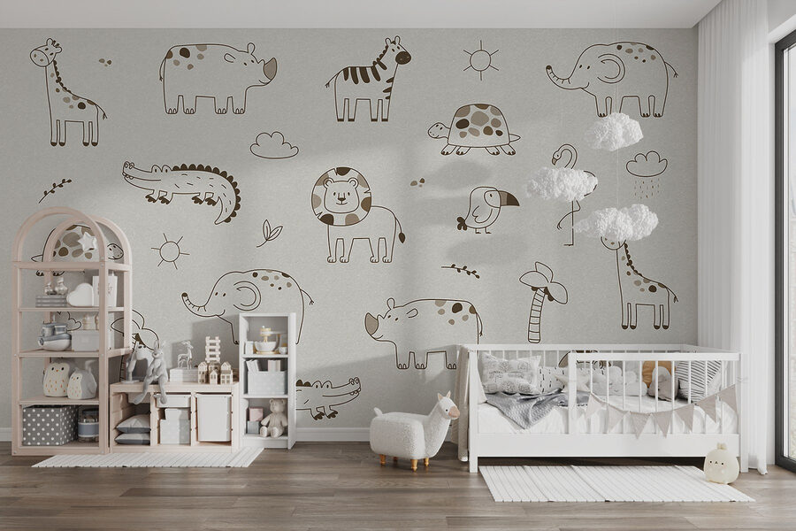 Groupe d'animaux dessinés sur une surface blanche