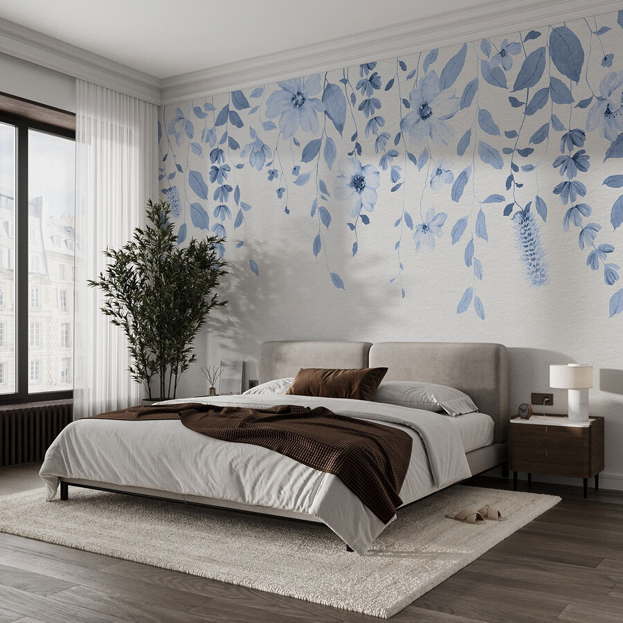 Papier peint Fleurs et feuilles bleues
