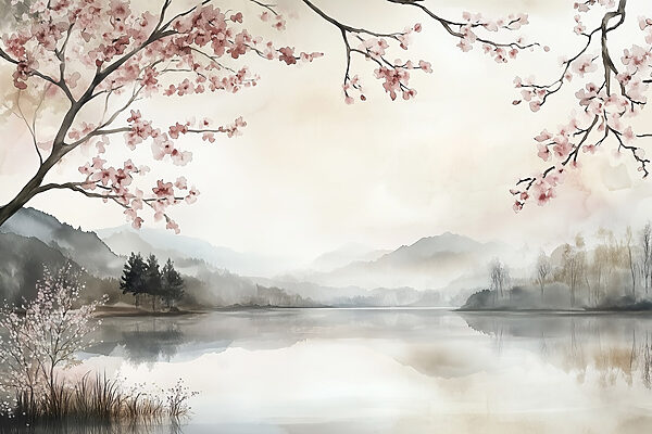 Aquarelle d'un lac avec arbres et montagnes Aquarelle d'un lac avec arbres et montagnes