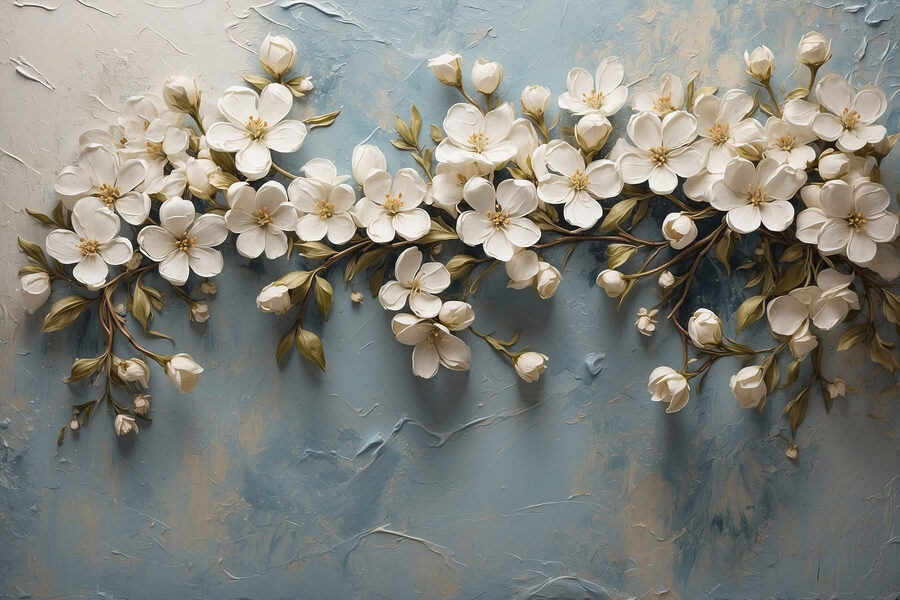 Fleurs blanches sur fond bleu
