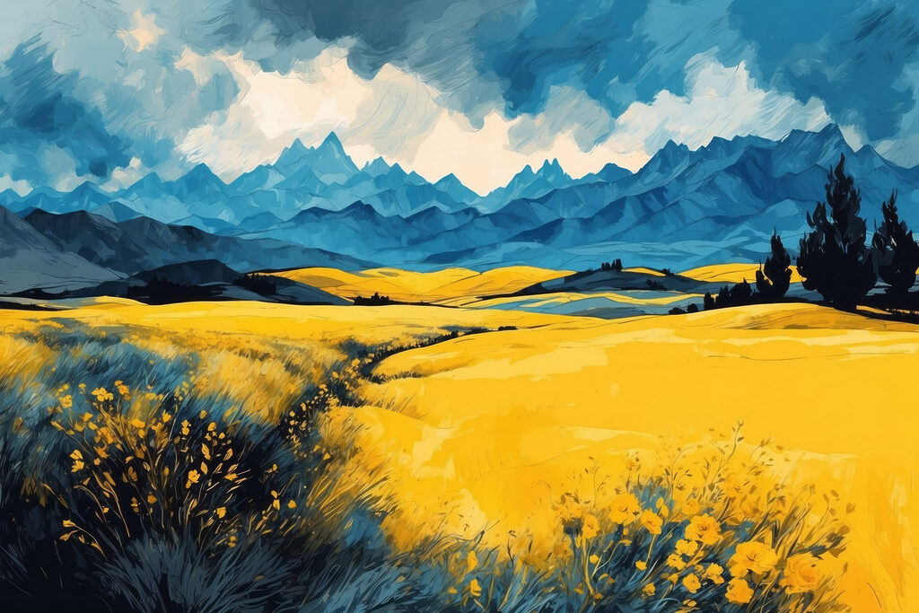 Yellow field with mountains in the background