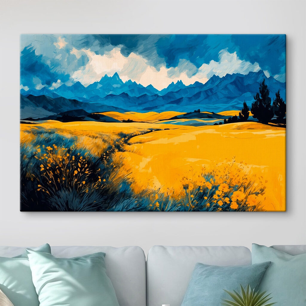 Yellow field with mountains in the background