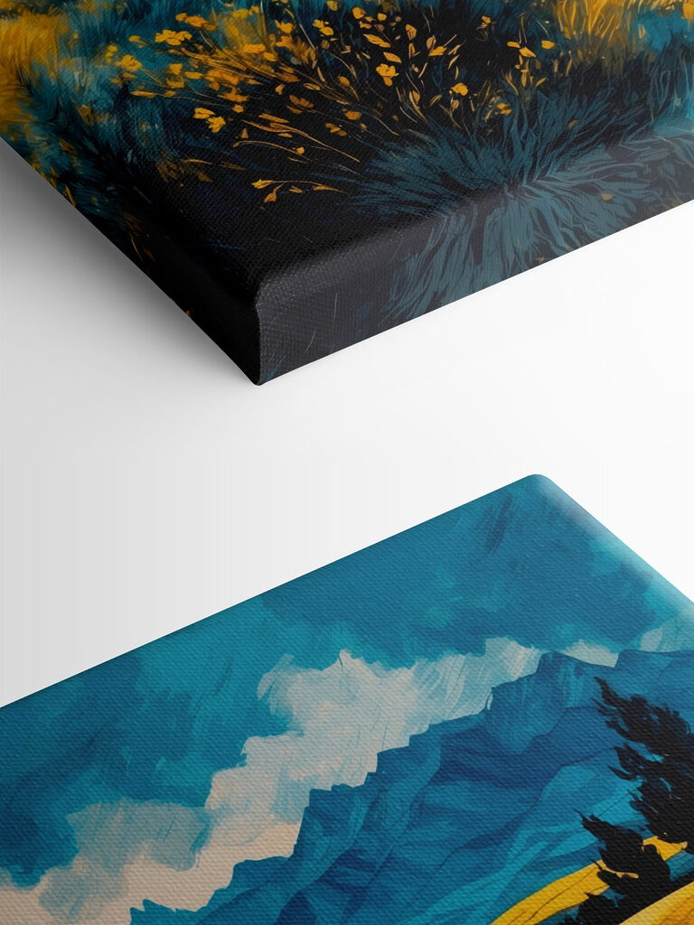 Yellow field with mountains in the background