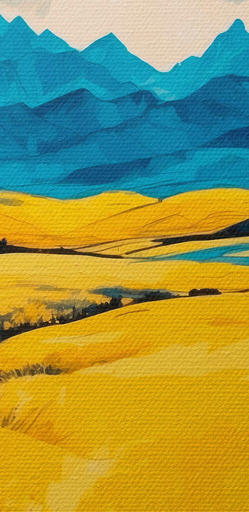 Yellow field with mountains in the background