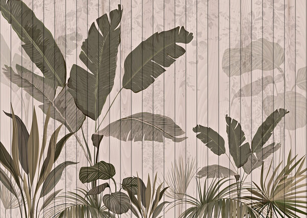 Mur en bois avec feuilles et plantes Mur en bois avec feuilles et plantes
