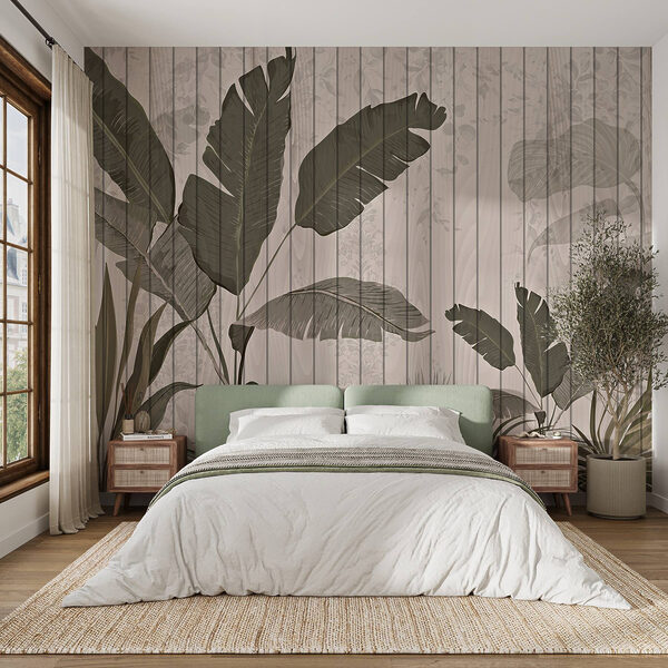 Mur en bois avec feuilles et plantes Mur en bois avec feuilles et plantes