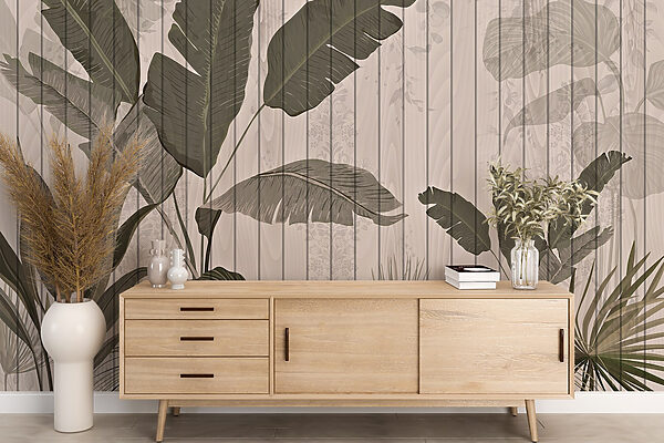 Mur en bois avec feuilles et plantes Mur en bois avec feuilles et plantes