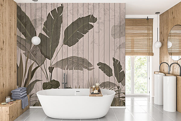 Mur en bois avec feuilles et plantes Mur en bois avec feuilles et plantes