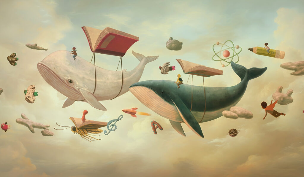 Baleine et baleine avec des livres et un livre dessus Baleine et baleine avec des livres et un livre dessus