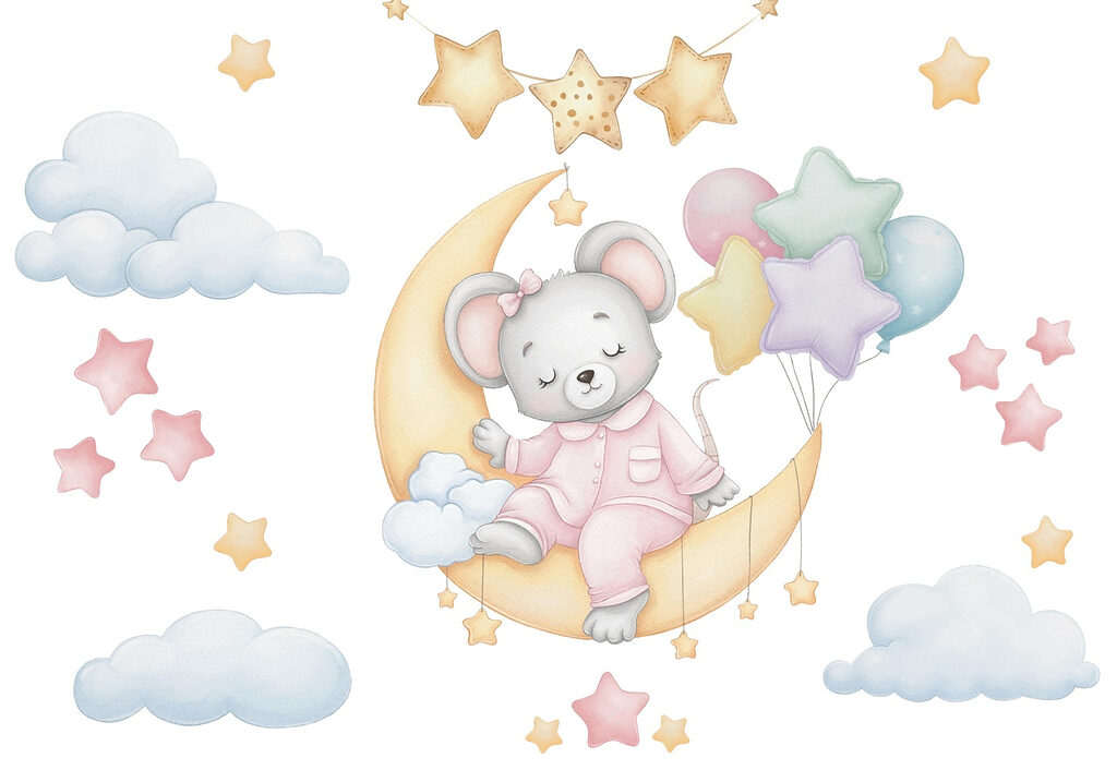 Souris assise sur la lune avec des ballons Souris assise sur la lune avec des ballons