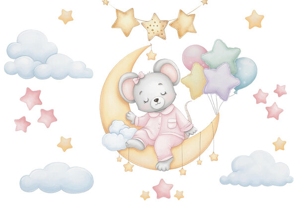 Souris assise sur la lune avec des ballons Souris assise sur la lune avec des ballons