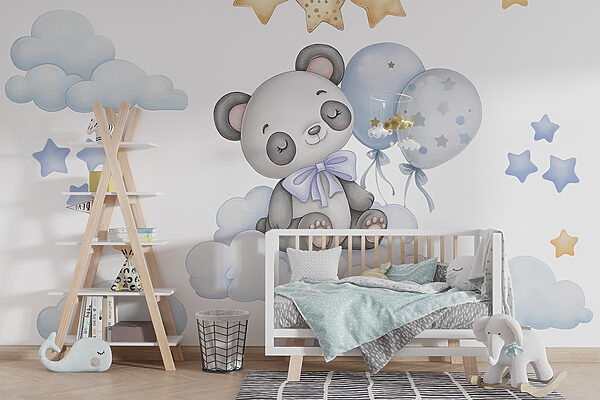 Panda de dessin animé assis sur un nuage avec des ballons Papier peint Panda de dessin animé assis sur un nuage avec des ballons