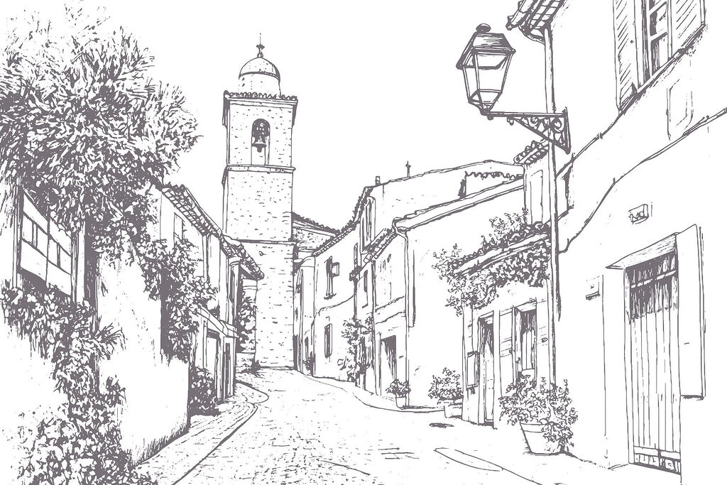 Dessin d'une rue avec des bâtiments et un clocher Dessin d'une rue avec des bâtiments et un clocher