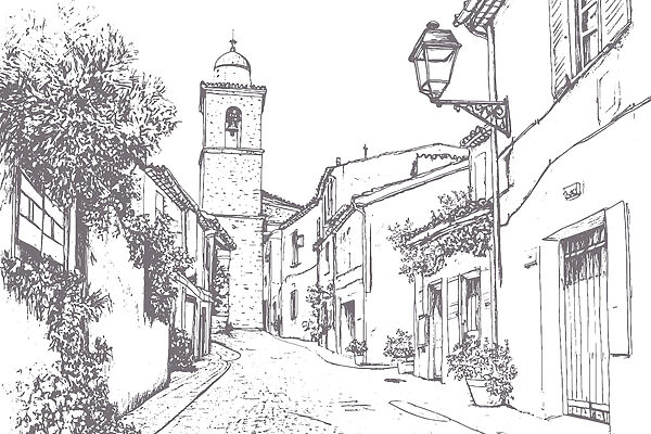 Dessin d'une rue avec des bâtiments et un clocher Dessin d'une rue avec des bâtiments et un clocher