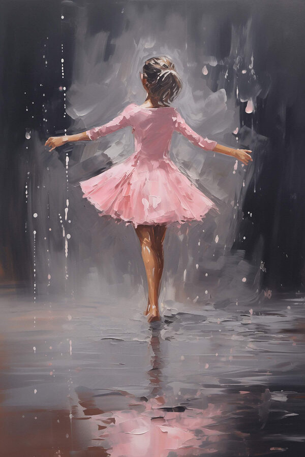 Peinture d'une fille en robe rose dansant sous la pluie Peinture d'une fille en robe rose dansant sous la pluie