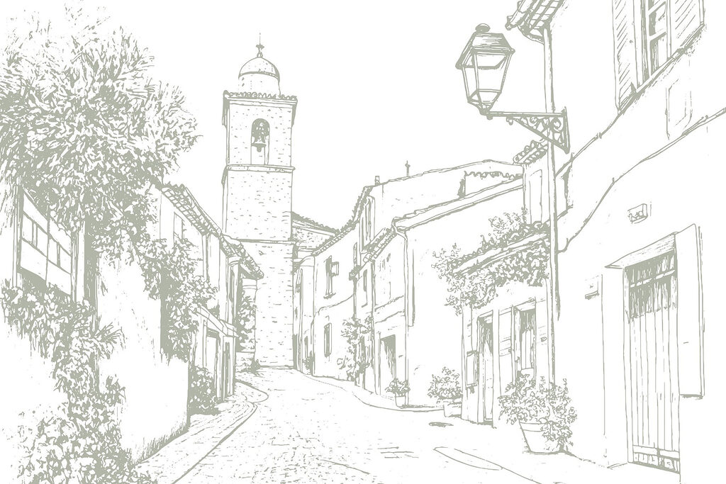 Dessin d'une rue avec des bâtiments et un clocher Dessin d'une rue avec des bâtiments et un clocher