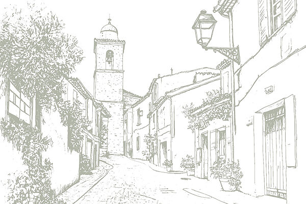 Dessin d'une rue avec des bâtiments et un clocher Dessin d'une rue avec des bâtiments et un clocher