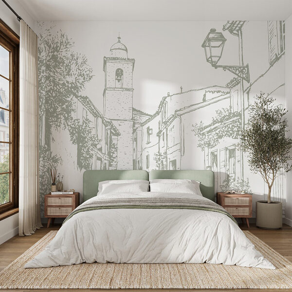 Dessin d'une rue avec des bâtiments et un clocher Dessin d'une rue avec des bâtiments et un clocher