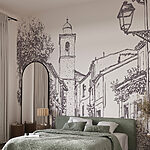 Papier peint Dessin d'une rue avec des bâtiments et un clocher