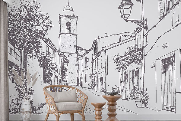 Dessin d'une rue avec des bâtiments et un clocher Dessin d'une rue avec des bâtiments et un clocher