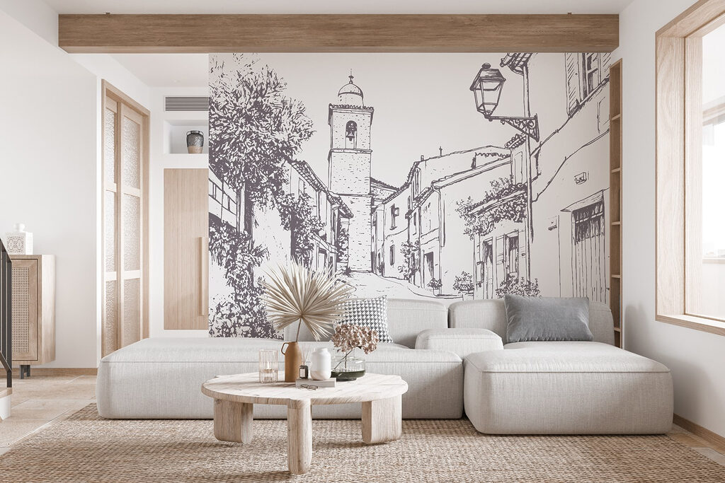 Drawing of a street with buildings and a bell tower